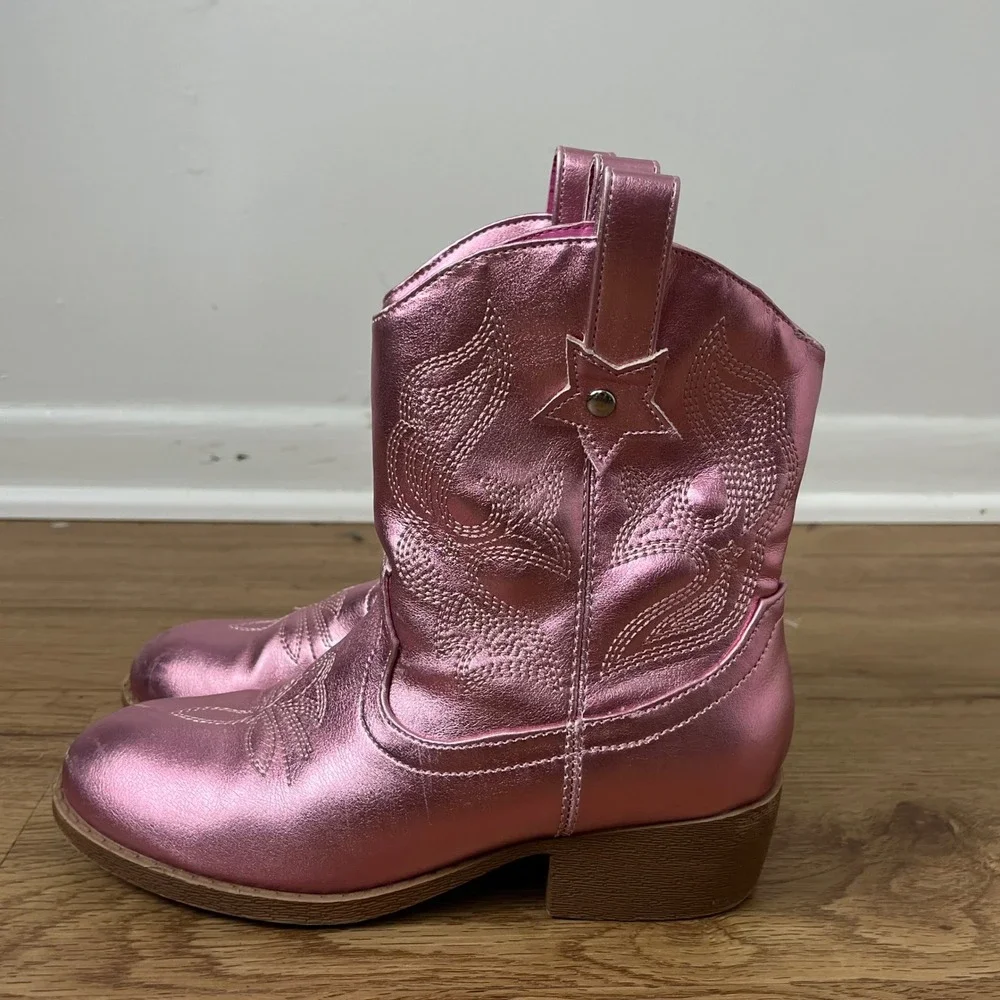 Metallic Pink Western Cowboy Boots Kids Size 2 Star Pull Tab Faux Leather